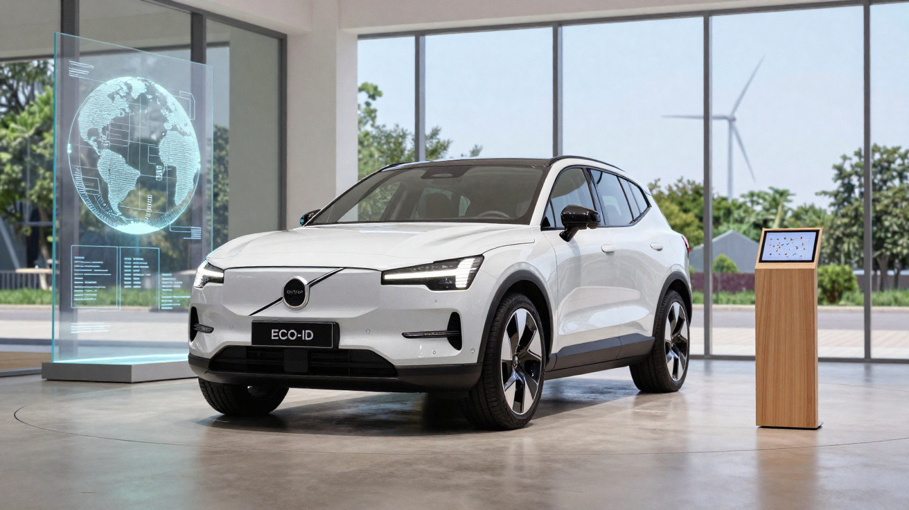 Carro elétrico branco modelo ECO-ID exposto em ambiente moderno com grandes janelas e um globo digital ao lado.