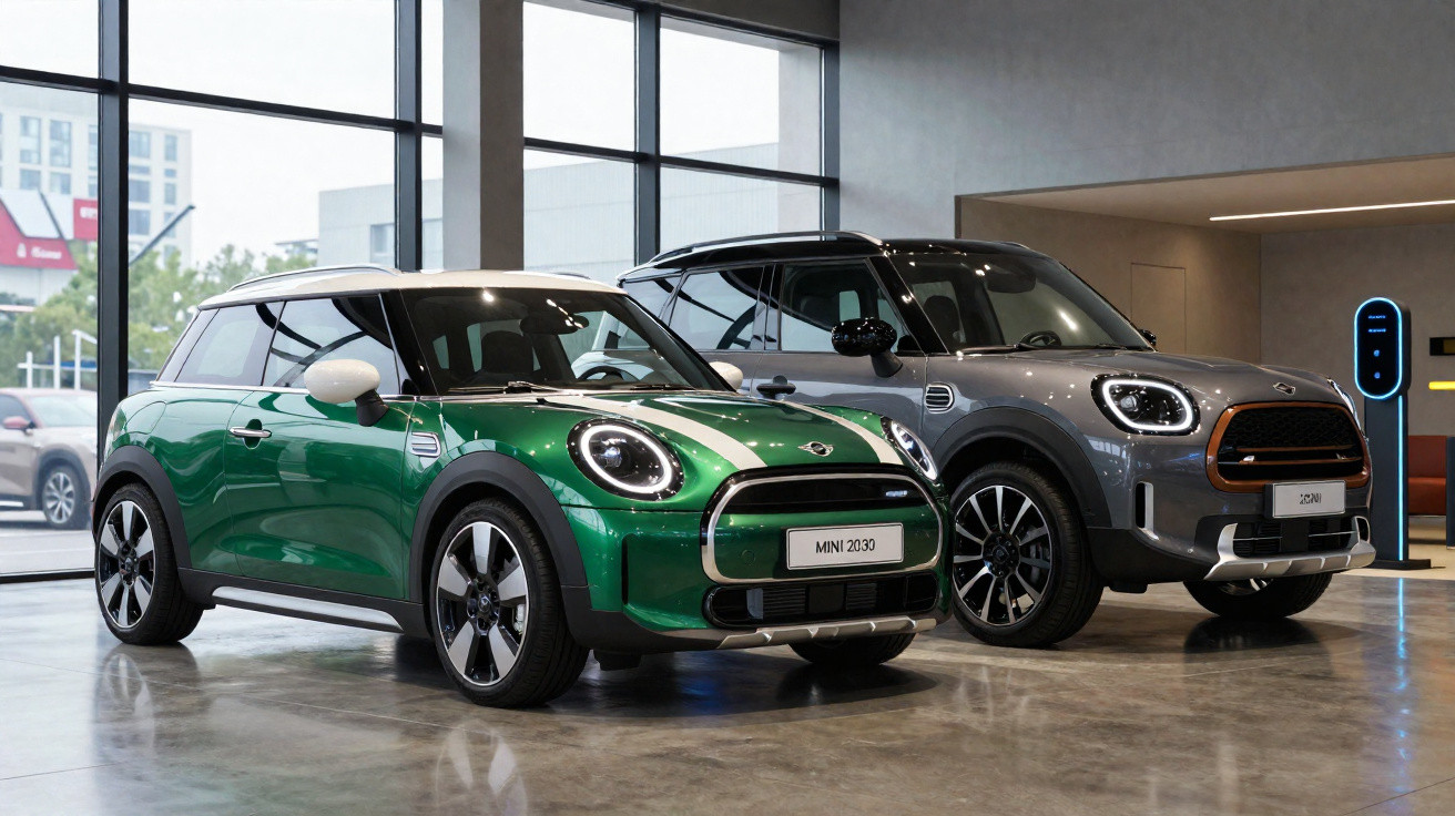 Dois carros Mini elétricos modernos, um verde e um cinza, expostos em showroom com grandes janelas.