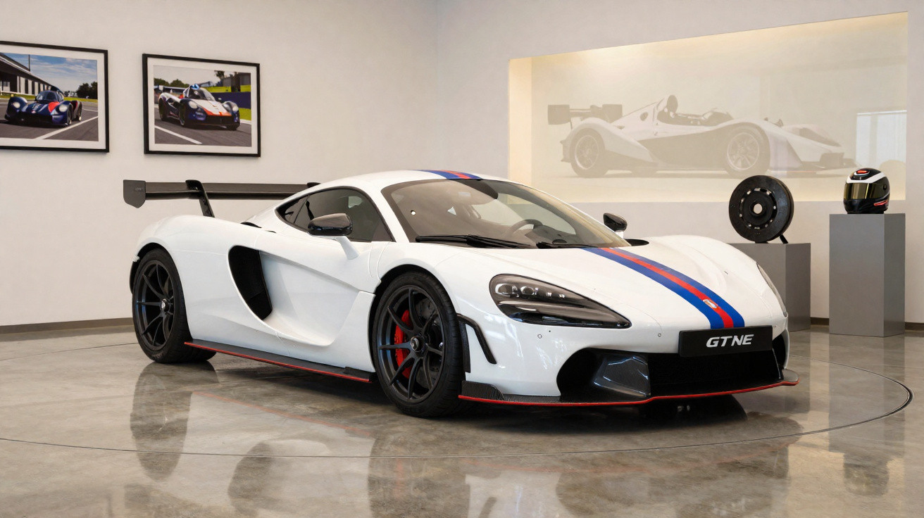 Carro desportivo branco McLaren GT4E com faixa azul e vermelha exposto em sala de mostra com fotos e capacete.