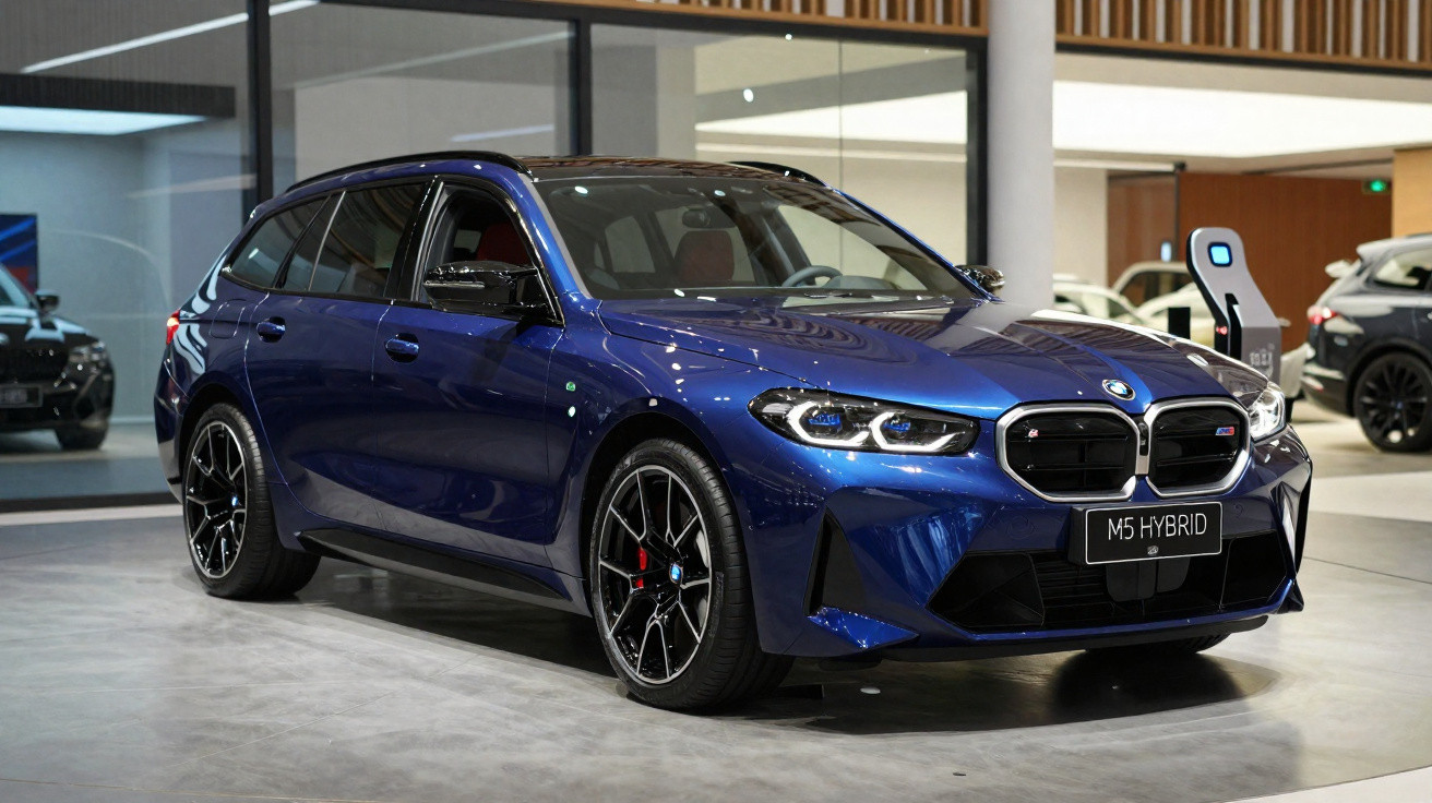 BMW M5 Hybrid azul metálico estacionado em ambiente interior de showroom automóvel moderno.