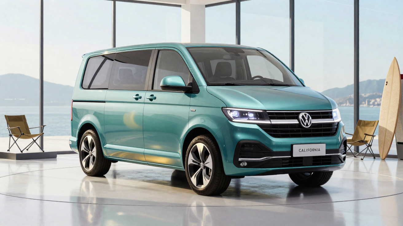 Volkswagen California verde dentro de showroom com janelas amplas e vista para o mar.