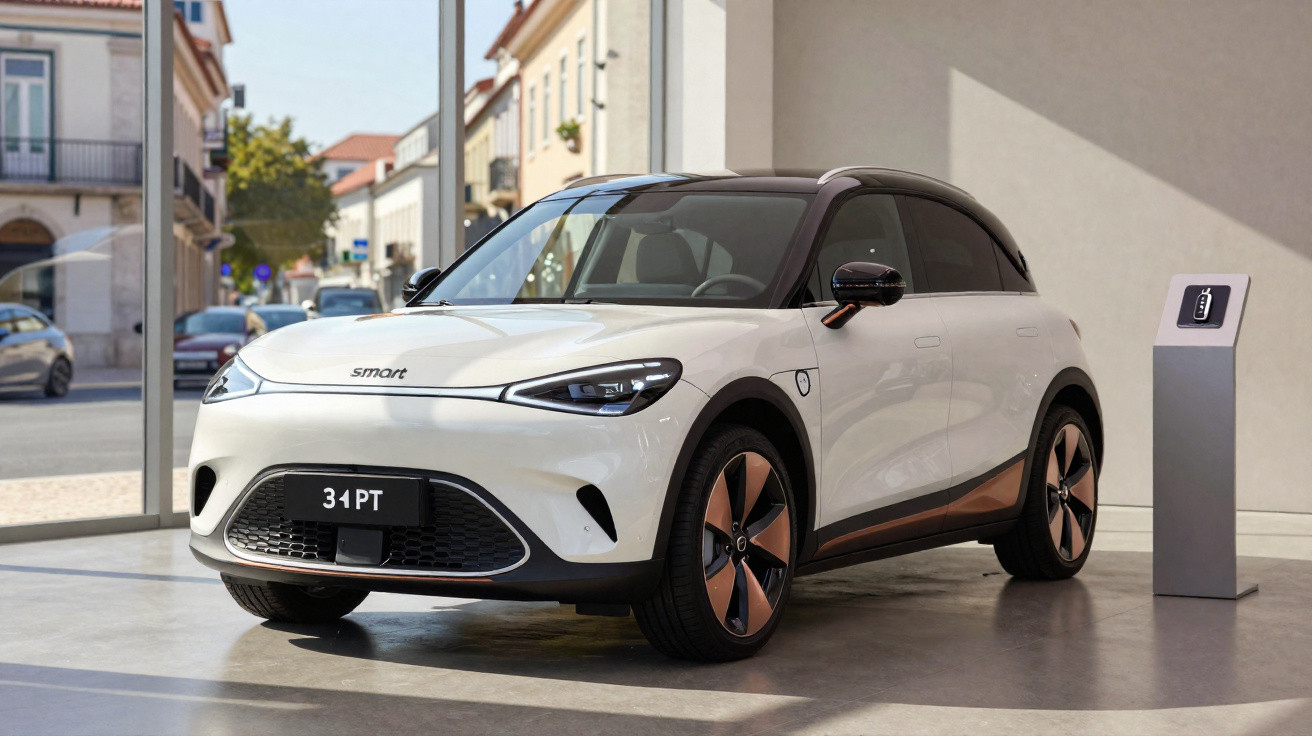 Carro elétrico Smart branco estacionado dentro de uma sala clara com visor de carregamento ao lado.