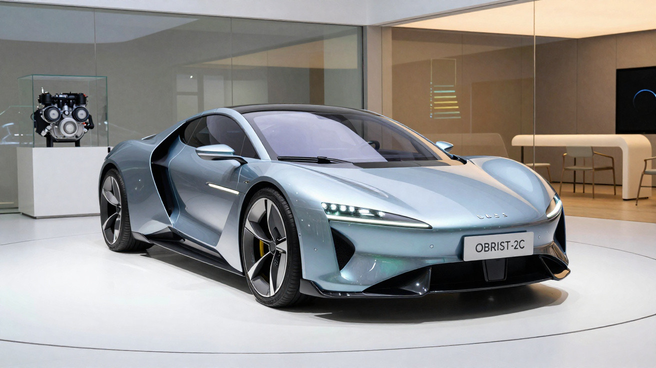 Carro desportivo elétrico azul metálico exposto em espaço moderno com motor ao fundo.