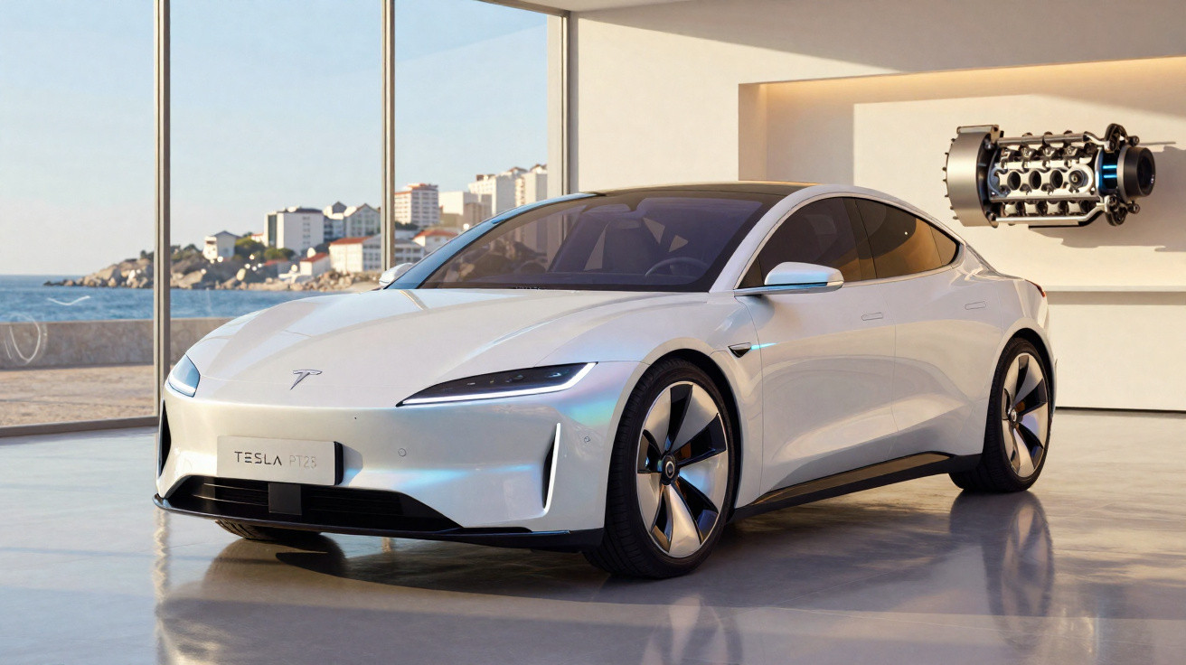 Carro elétrico Tesla PT23 branco num showroom com vista para o mar e motor em exibição na parede.