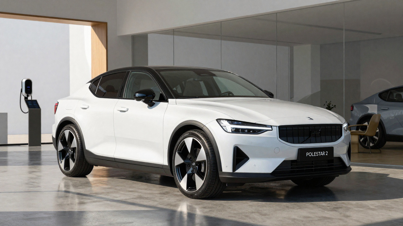 Carro elétrico Polestar 2 branco estacionado num interior moderno com estação de carregamento visível.