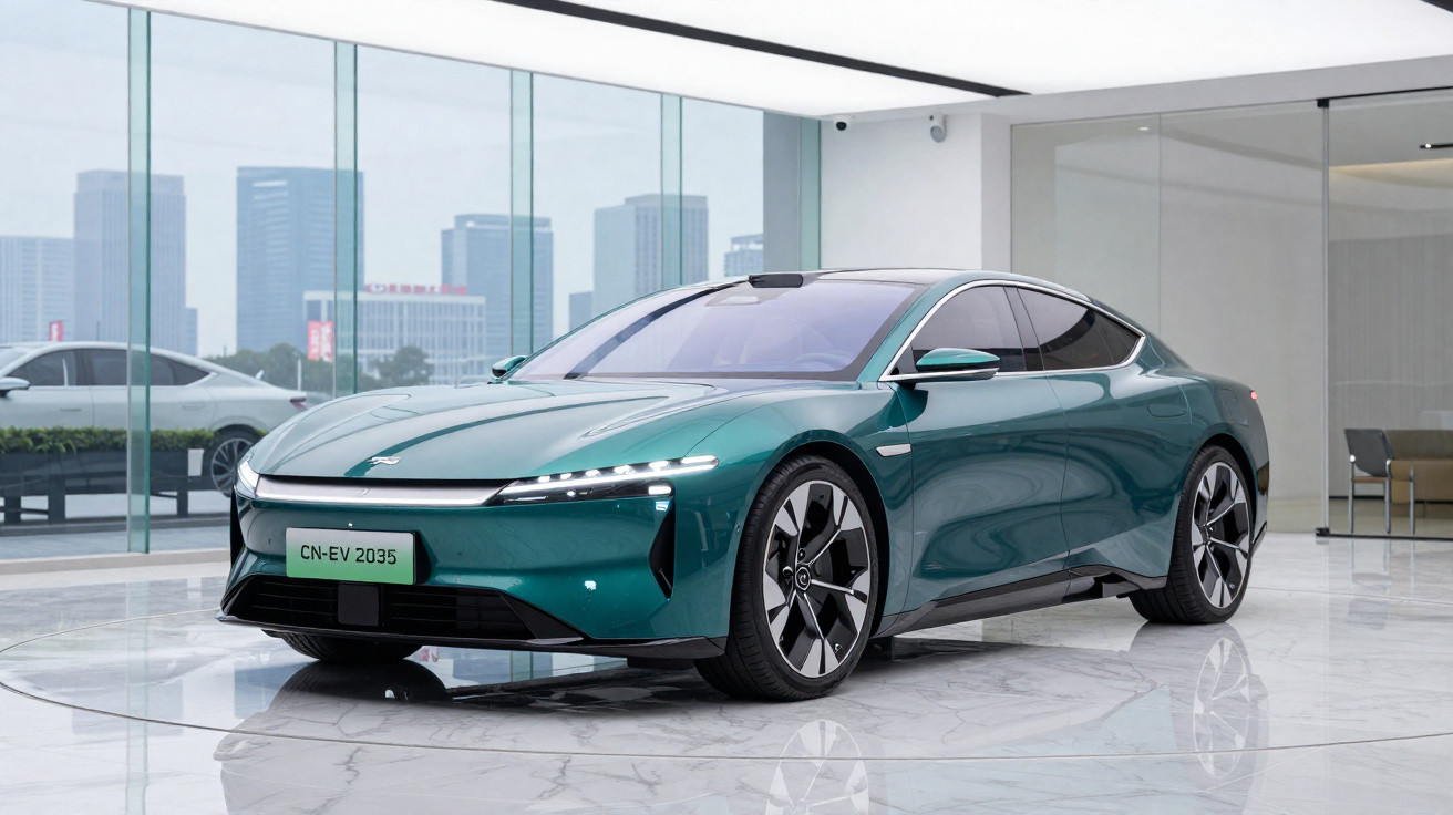 Carro elétrico verde escuro com design aerodinâmico exposto num showroom moderno com vidro.