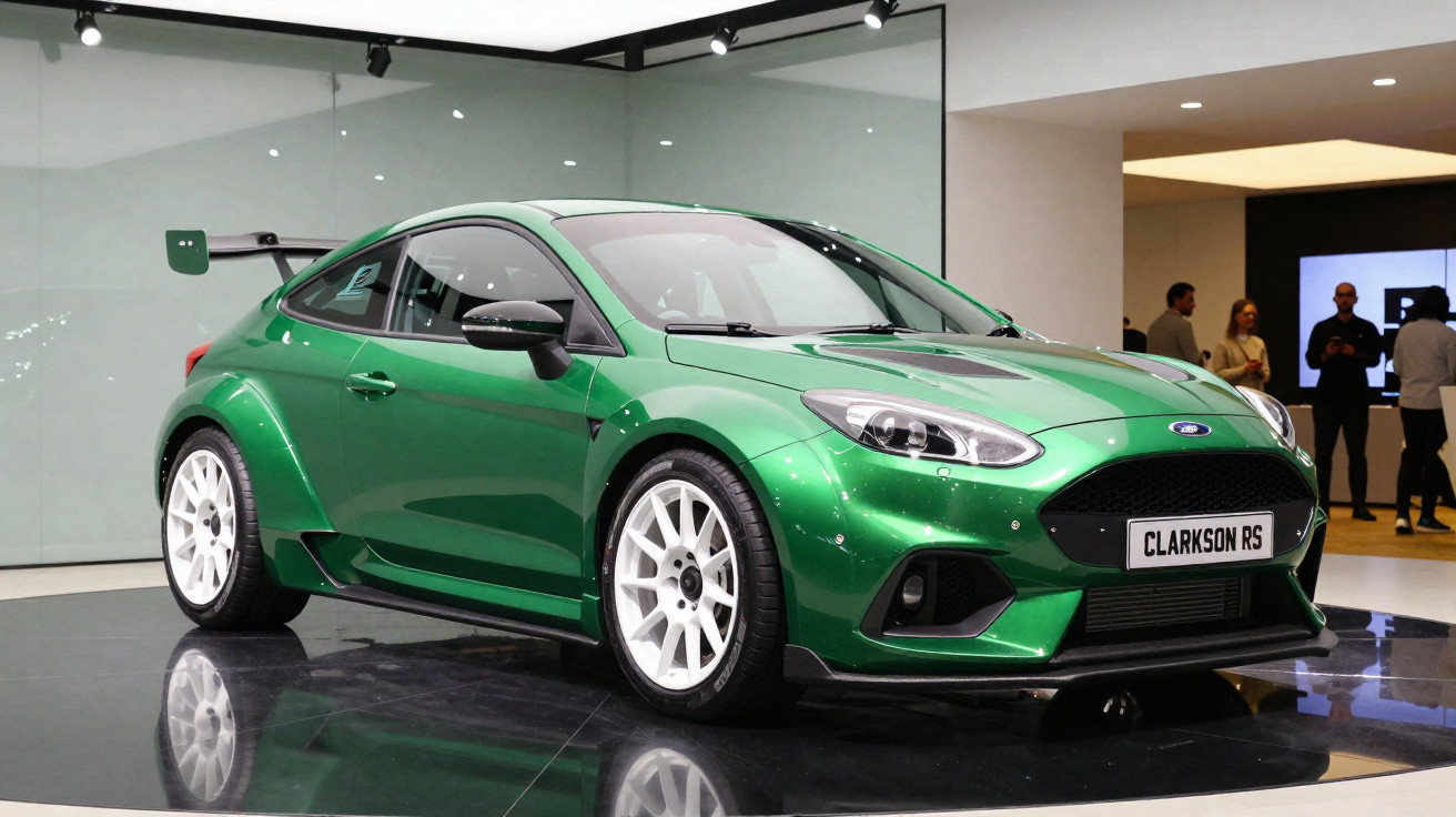 Carro desportivo verde com jantes brancas exposto em salão automóvel, modelo Clarkson RS.