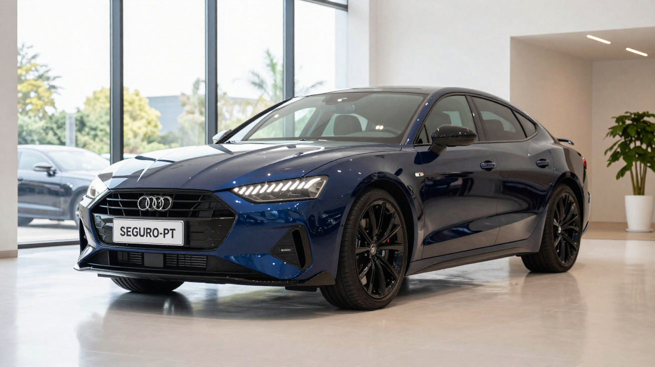 Carro Audi desportivo azul escuro estacionado numa sala com chão branco e grandes janelas de vidro.