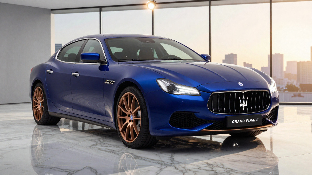 Carro desportivo Maserati azul com jantes douradas em espaço interior com piso em mármore.
