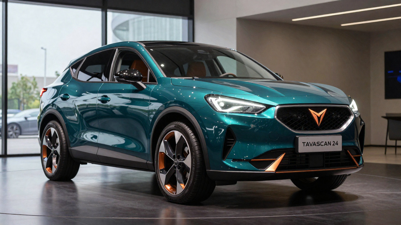 Cupra Tavascan 24 elétrico azul esverdeado em exposição interior com detalhes em cobre.