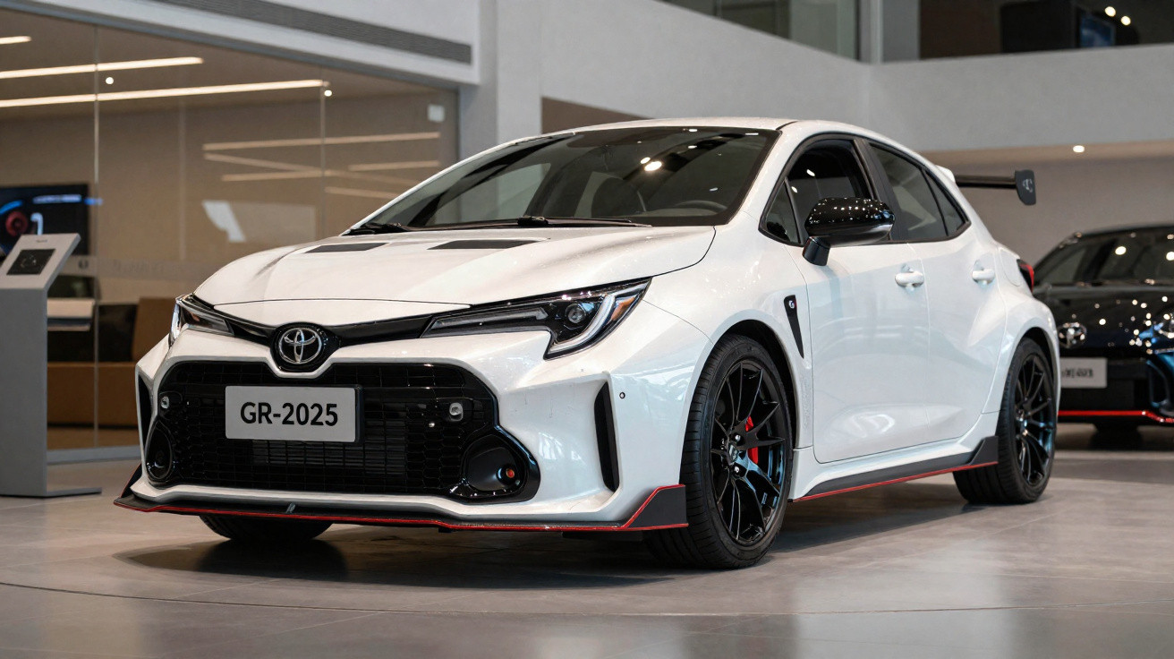 Carro desportivo branco Toyota GR com detalhes em preto e vermelho em exposição numa sala moderna.