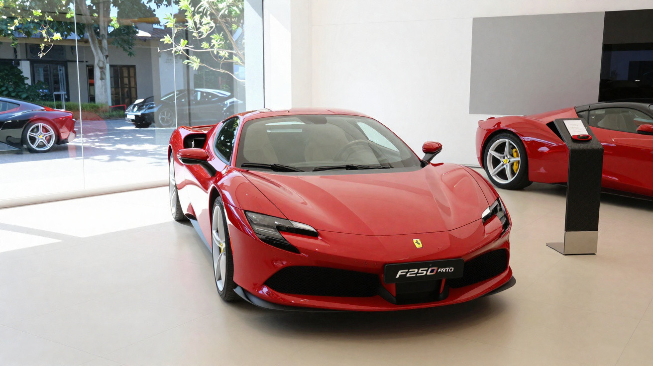 Ferrari F250 vermelha em exposição numa sala moderna com janelas de vidro e outros carros à volta.