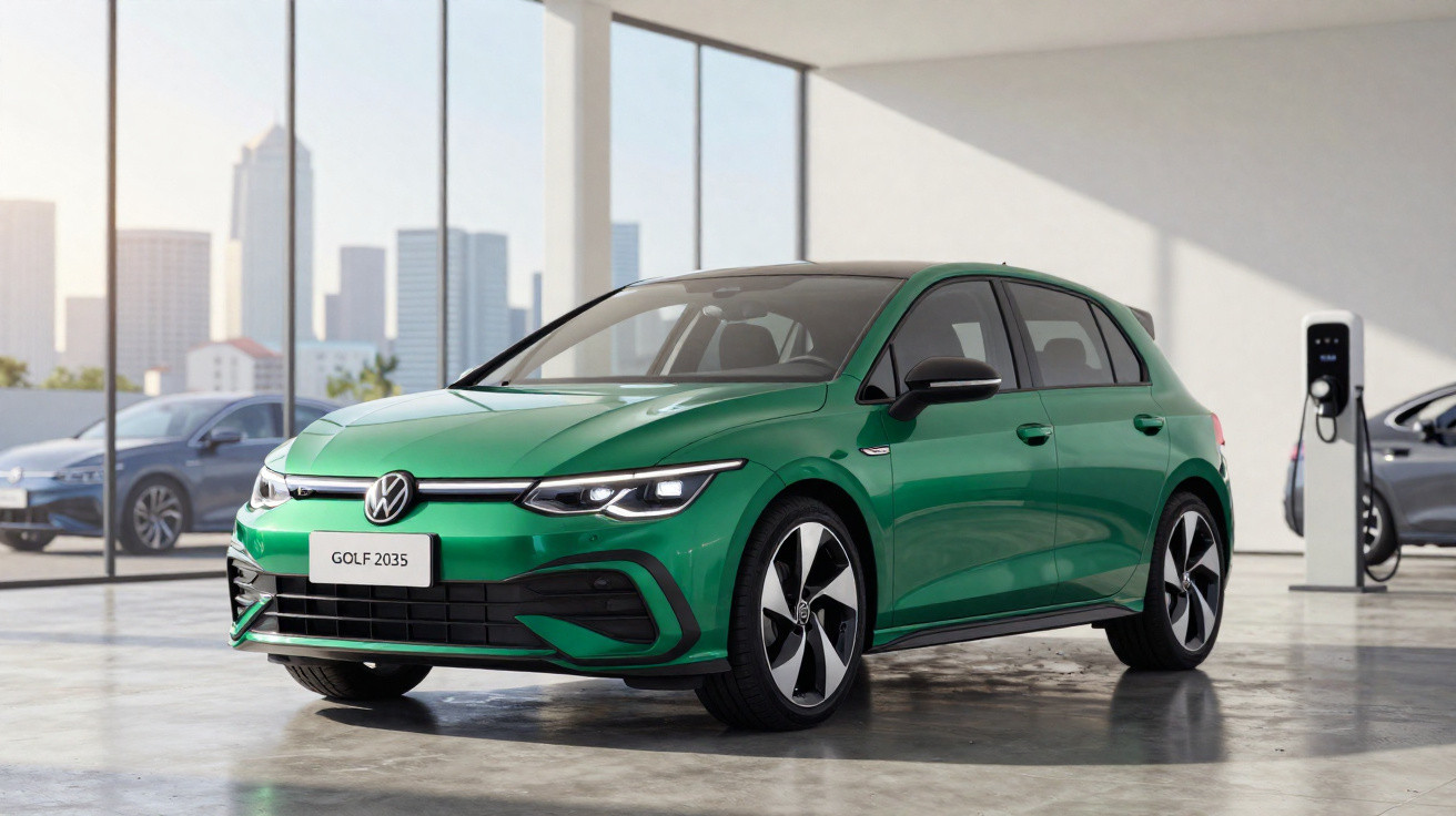 Carro elétrico Volkswagen Golf 2035 verde em garagem moderna com estação de carregamento ao fundo.