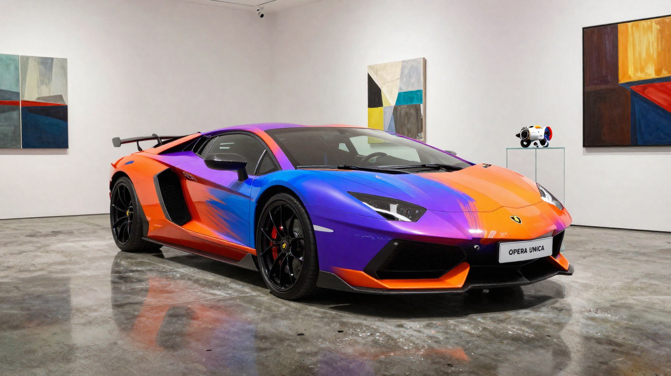 Carro desportivo Lamborghini com pintura colorida laranja, azul e roxa exposto numa galeria de arte.