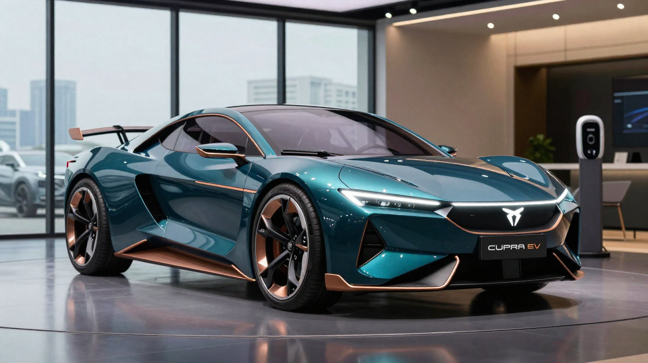 Carro desportivo elétrico Cupra EV azul metálico com detalhes em cobre numa exposição moderna.