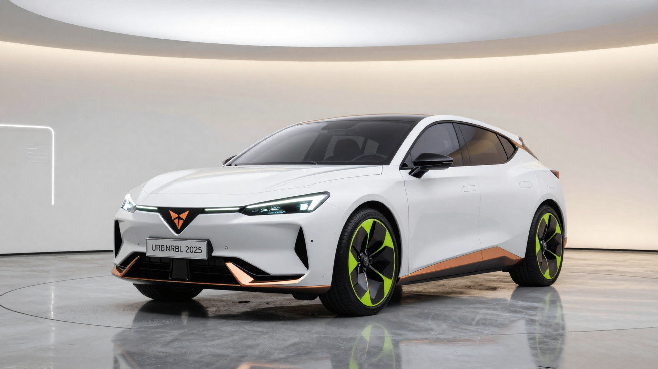 Carro branco elétrico desportivo com detalhes laranja e rodas verdes, modelo CUPRA UrbanRebel 2025 num estúdio iluminado.