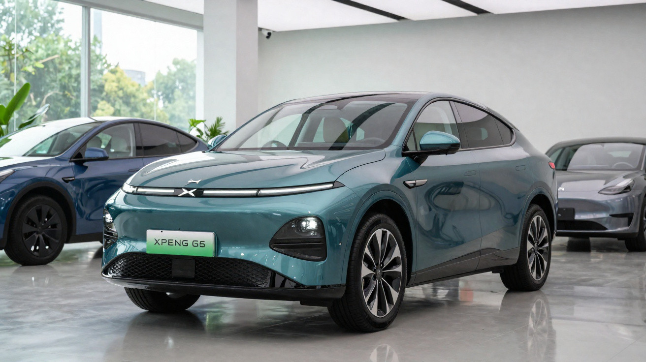 Carro elétrico XPeng G6 azul exposto no interior de showroom moderno com outros veículos ao fundo.