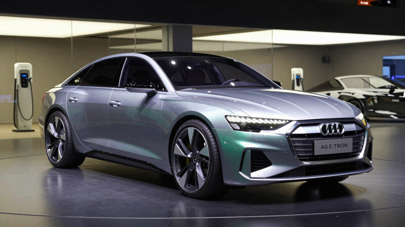 Carro elétrico Audi A6 e-tron prata exposto em showroom com carregadores elétricos ao fundo.