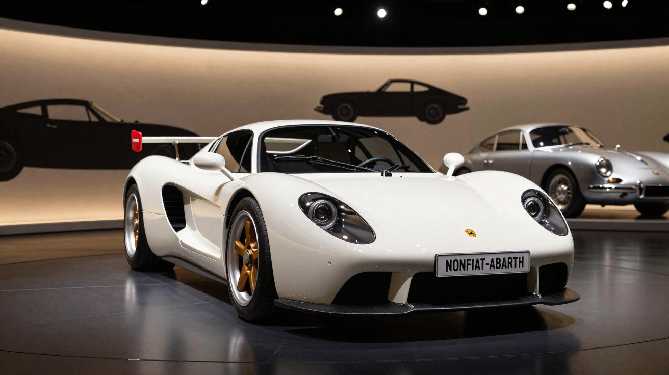 Carro desportivo branco com jantes douradas exposto em museu, com outros carros clássicos ao fundo.