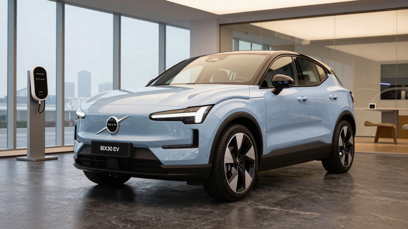 Carro elétrico Volvo EX30 EV azul claro estacionado num showroom moderno com carregador elétrico ao lado.