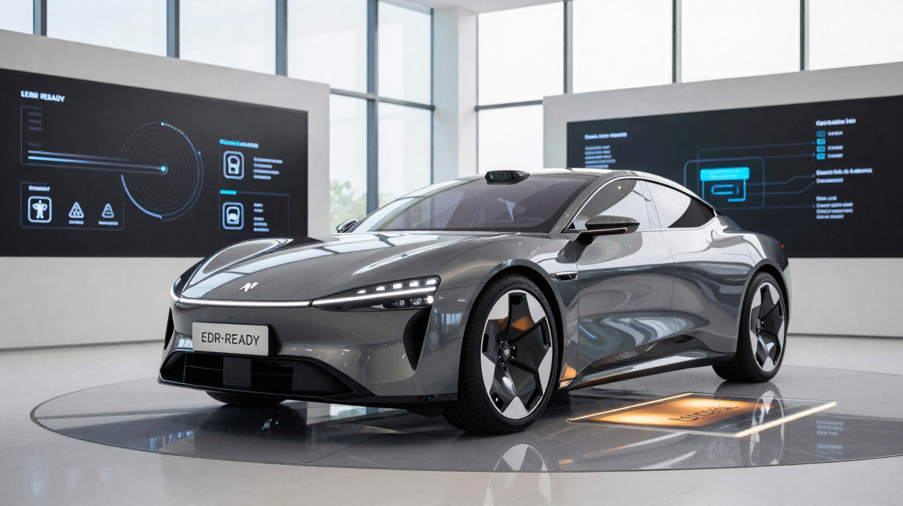 Carro elétrico desportivo cinza numa exposição moderna com painéis digitais ao fundo.