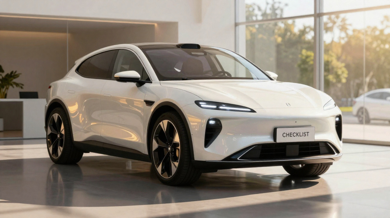Carro elétrico branco moderno estacionado num showroom com luz natural a entrar pelas janelas.