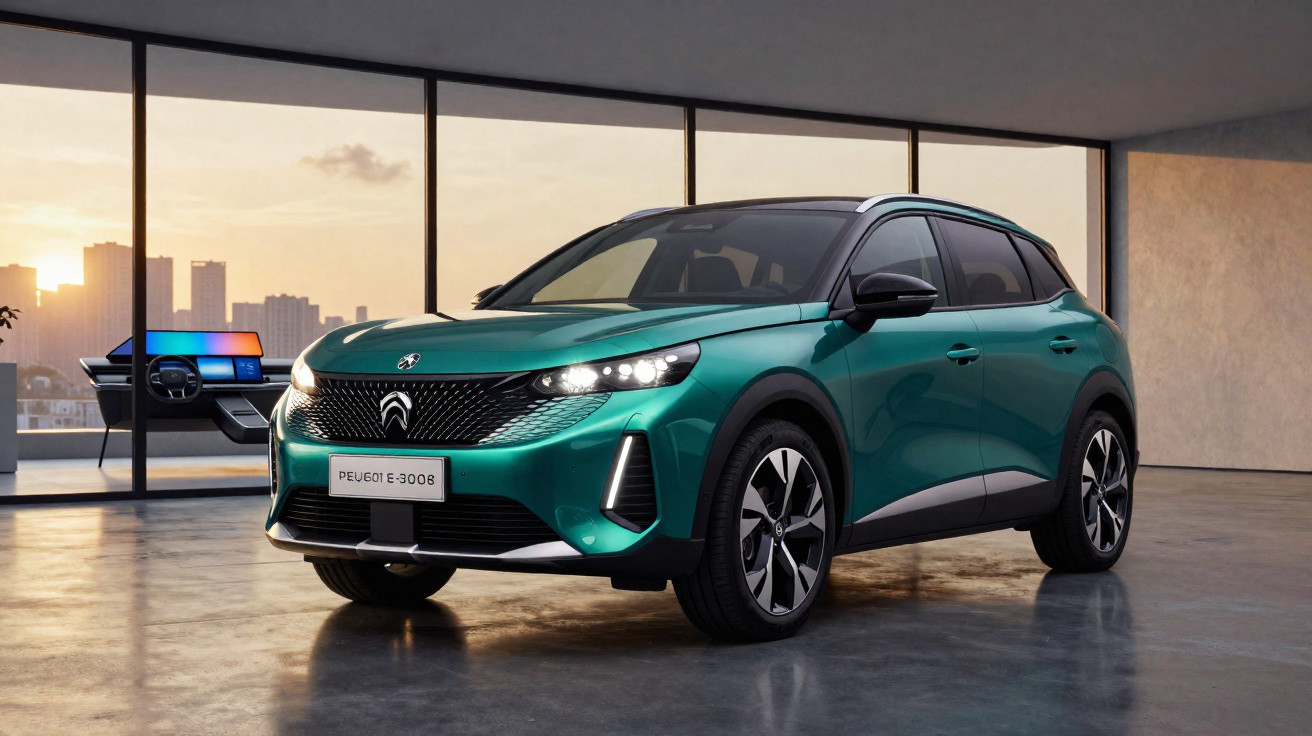 Carro elétrico SUV Peugeot e-3008 verde numa sala moderna com janelas grandes ao pôr do sol.