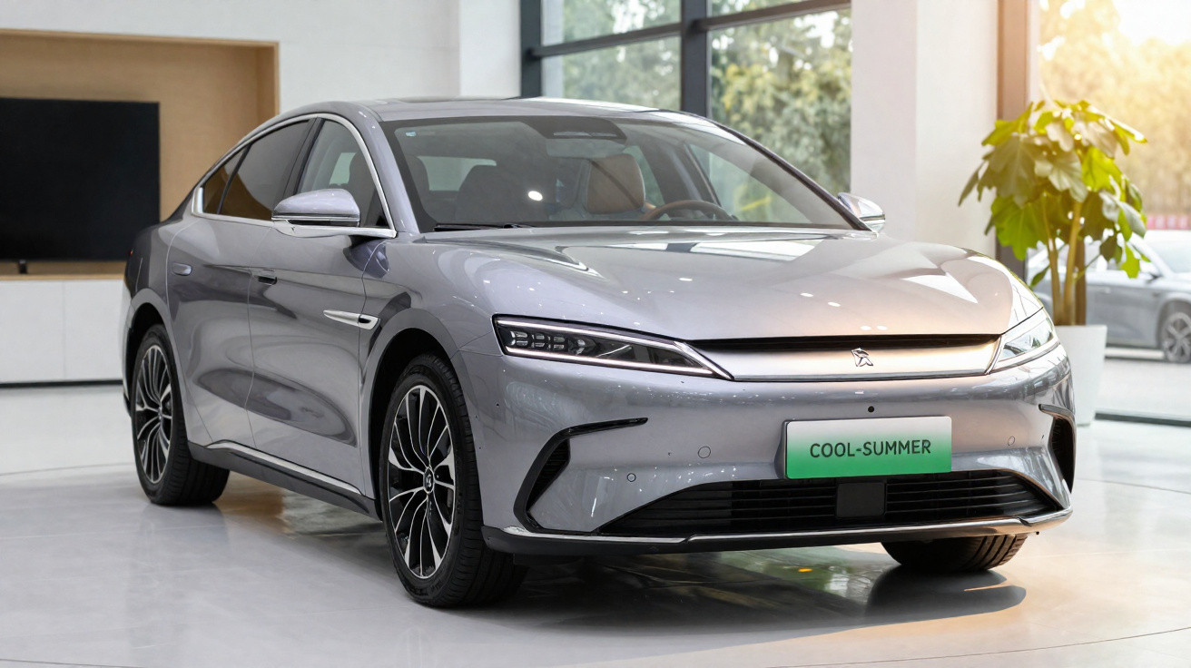 Carro elétrico cinza prateado moderno estacionado em ambiente interior iluminado.