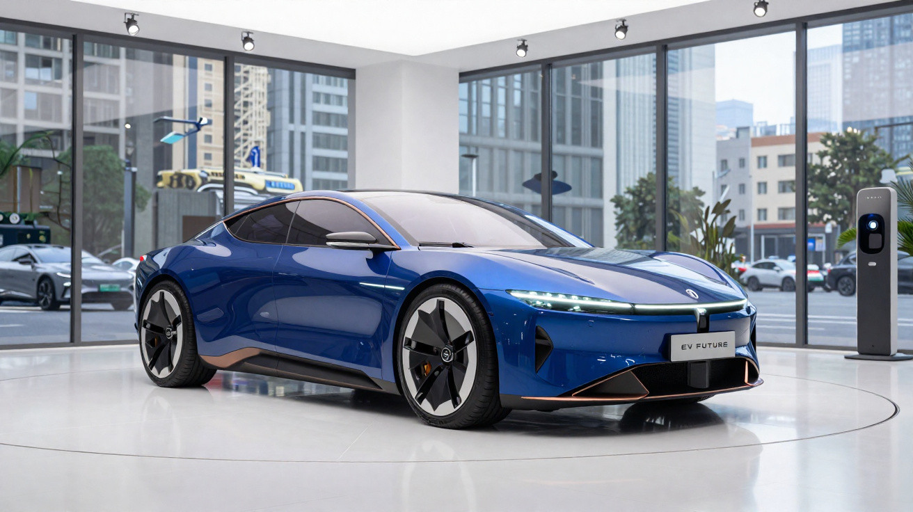 Carro elétrico desportivo azul exposto em showroom moderno com vidro panorâmico e estação de carregamento.