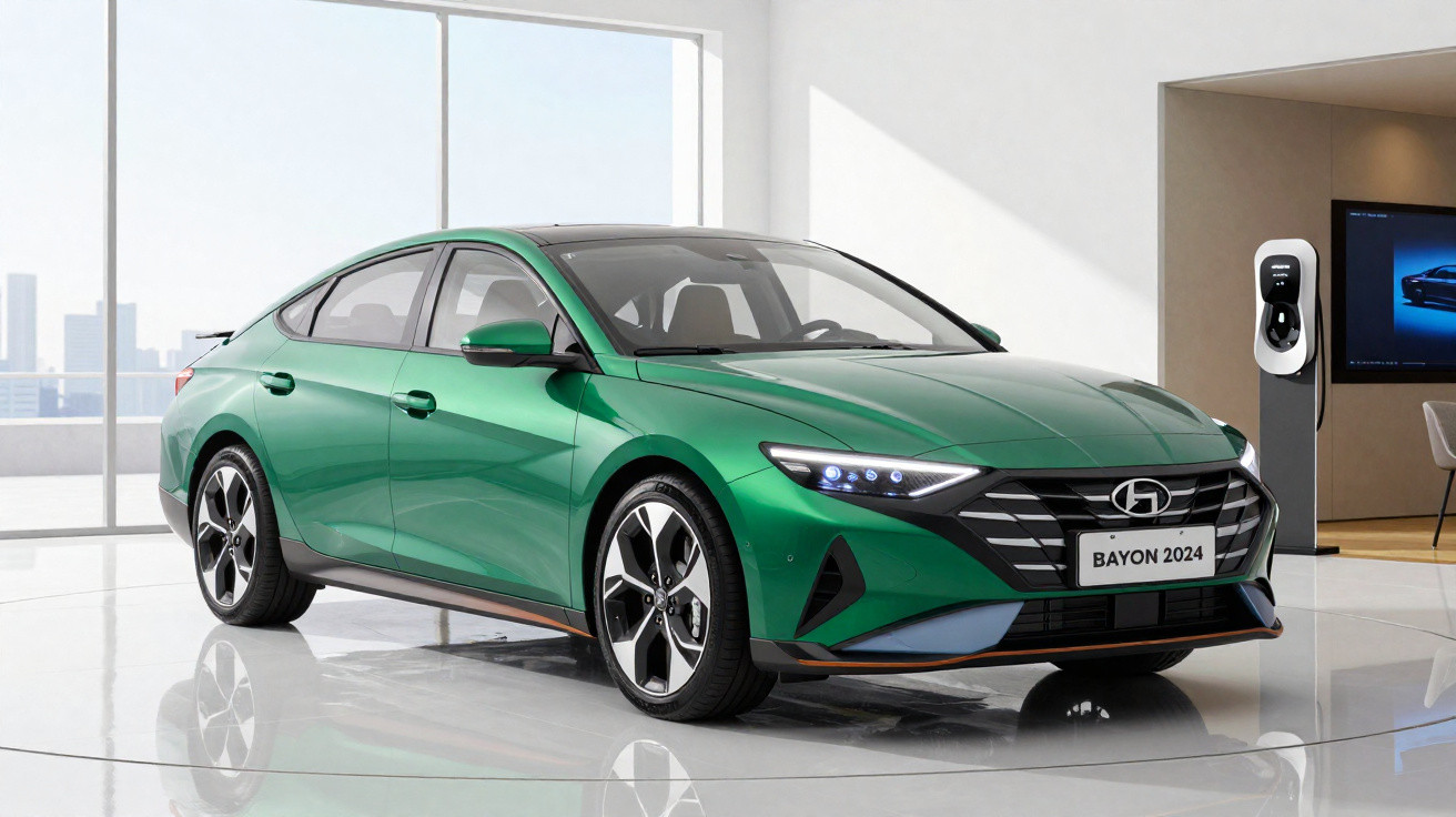 Automóvel elétrico Hyundai Bayon 2024 verde, estacionado em showroom moderno e luminoso.
