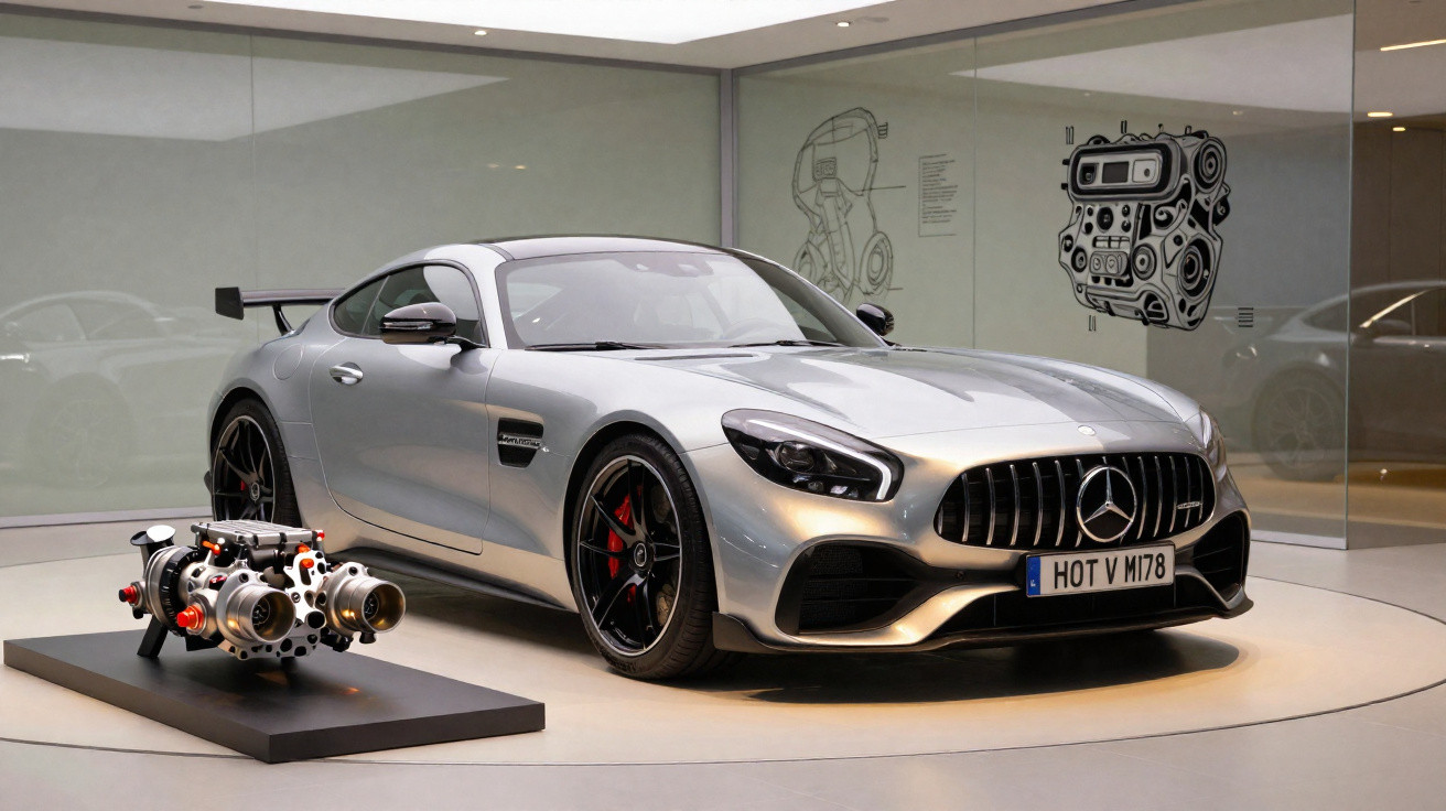 Mercedes AMG prata em exposição com motor e desenhos técnicos no fundo branco.
