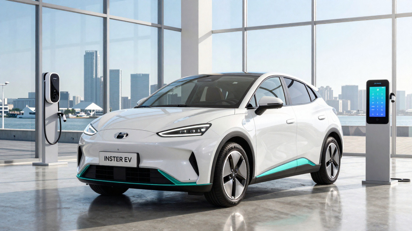 Carro elétrico branco Hyundai INSTER EV estacionado em espaço moderno com estações de carregamento.