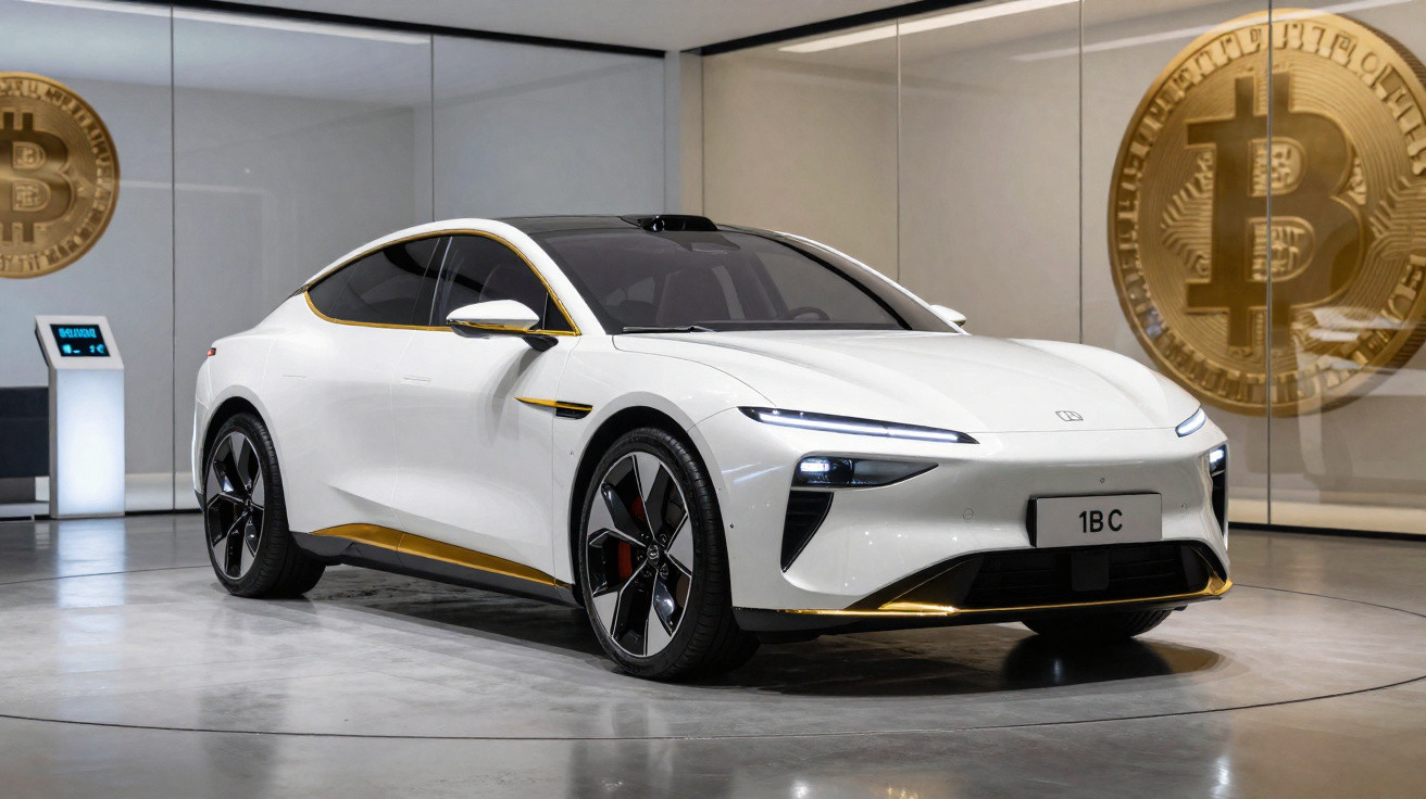 Carro elétrico branco num showroom com grandes símbolos do Bitcoin nas paredes de vidro.