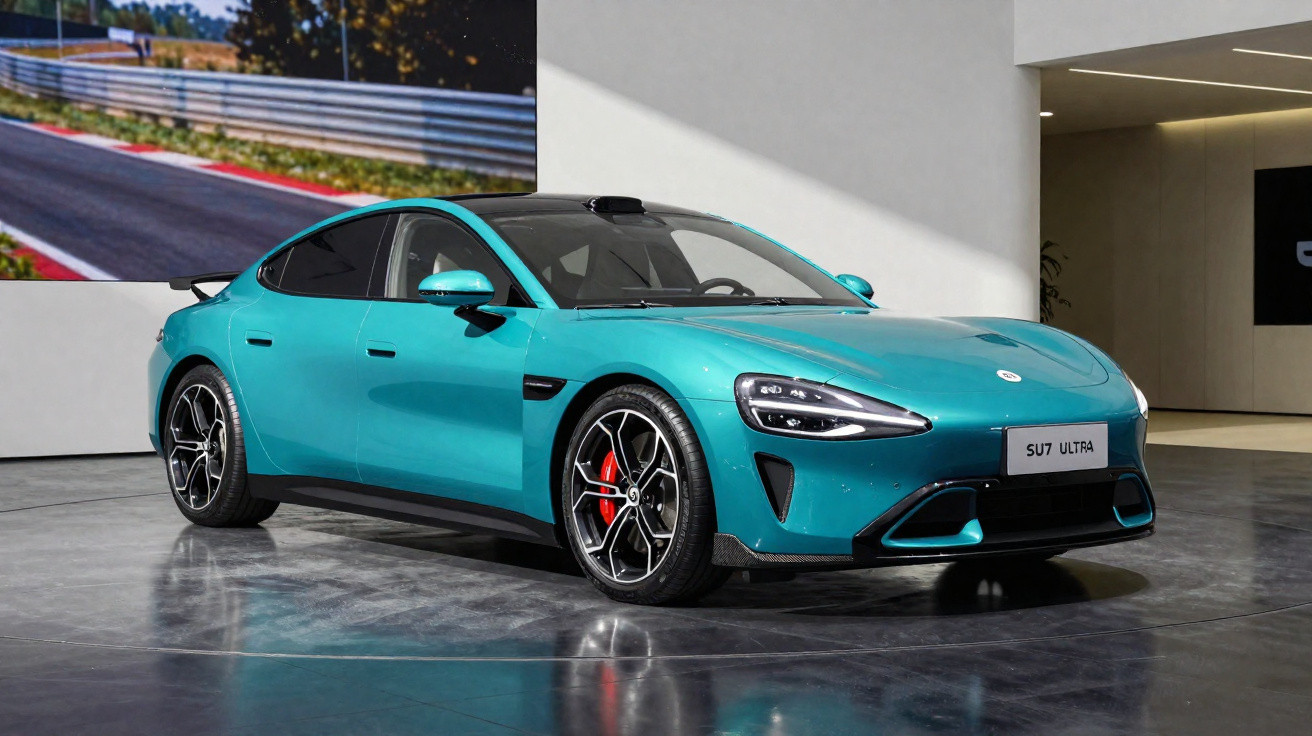 Carro desportivo elétrico azul turquesa modelo SU7 Ultra, exibido em salão de automóveis moderno.