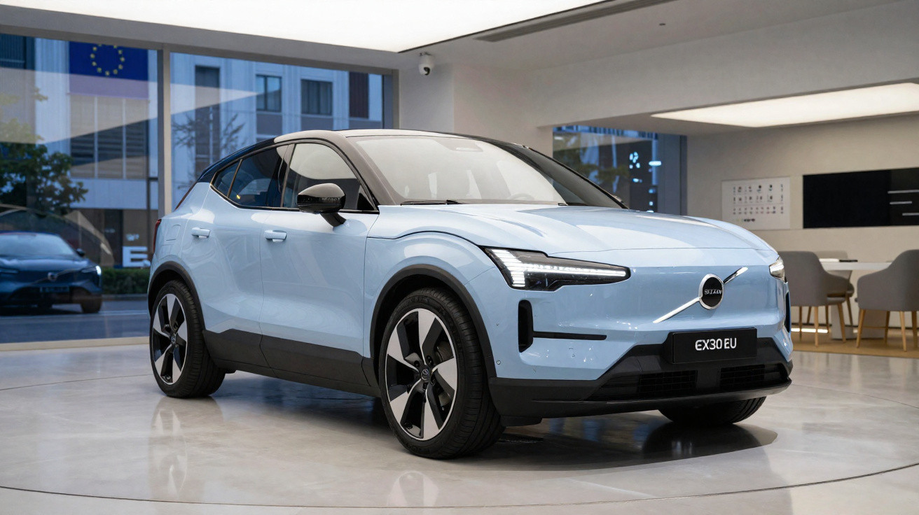 Carro elétrico Volvo EX30 azul claro exibido num salão moderno com grandes janelas.