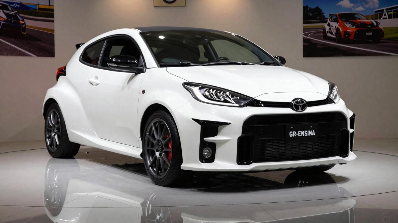 Carro desportivo branco Toyota GR-ENSA, visto de frente e lado direito em exposição indoor.