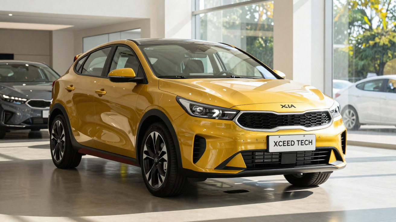 Automóvel Kia XCeed Tech amarelo exposto em salão de carros com luz natural a entrar pelas janelas.