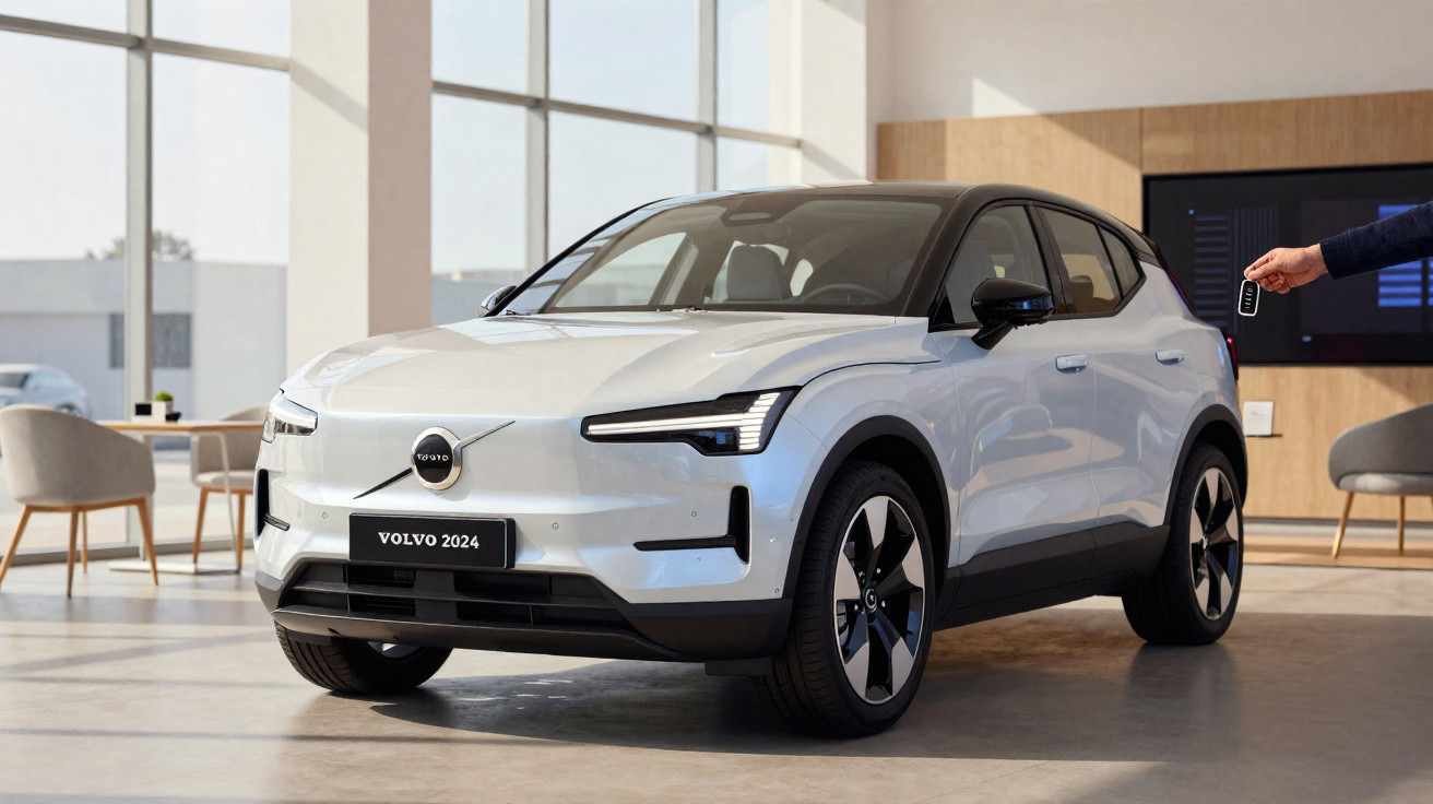 Carro Volvo branco 2024 estacionado em showroom moderno com portas automáticas e luz natural.