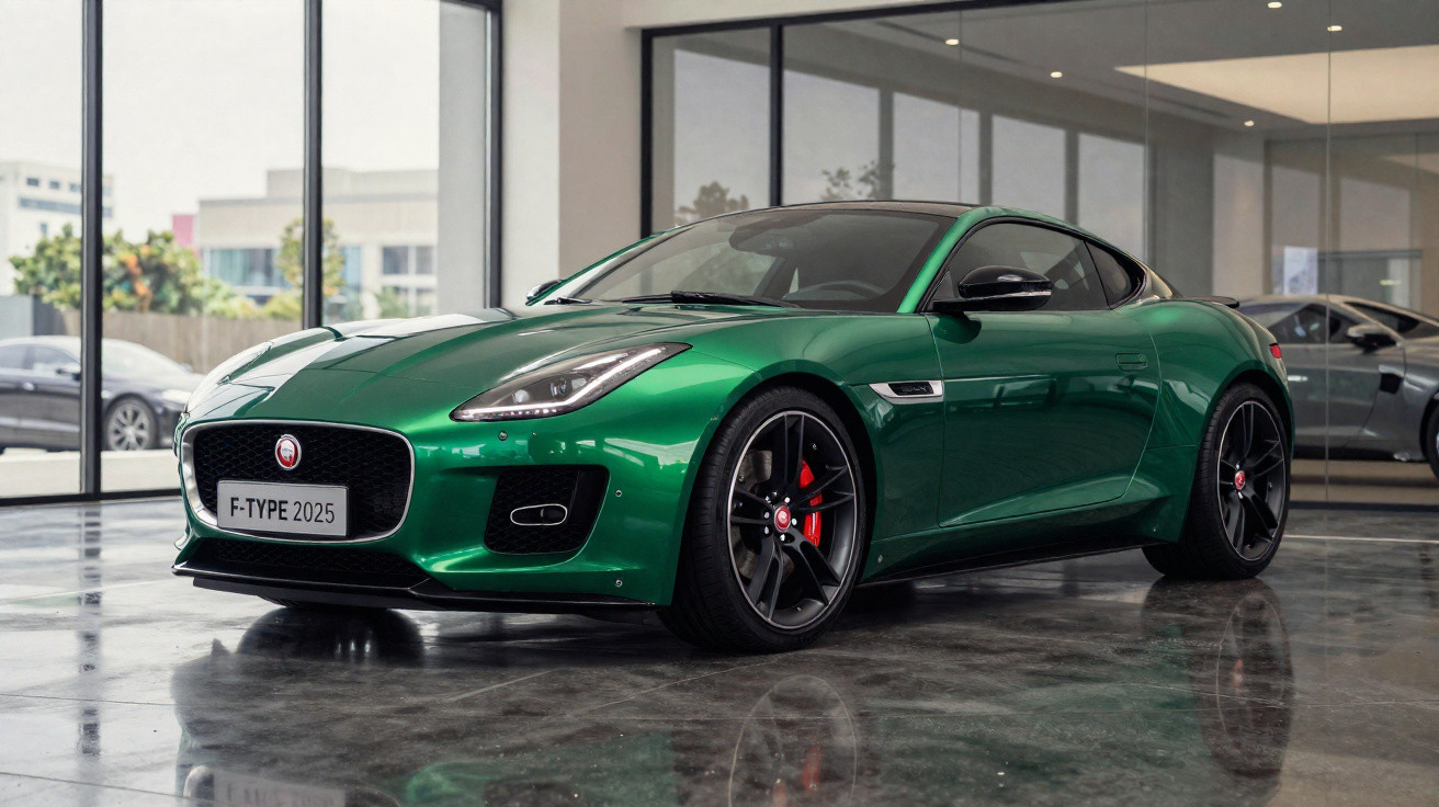 Carro esportivo Jaguar F-Type verde, visto de lado, em showroom com chão refletor e paredes de vidro.