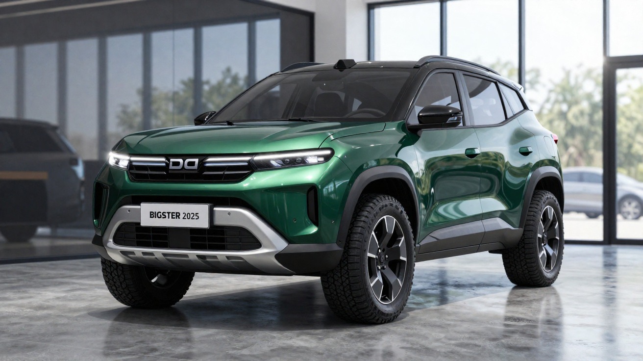 SUV verde com design moderno e detalhes em preto, estacionado num espaço interior com chão de cimento.