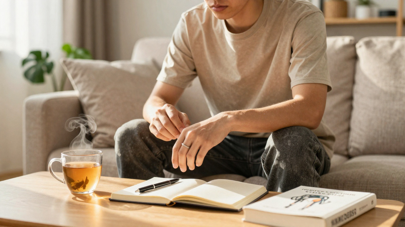 Homem sentado no sofá com chá quente, caderno aberto e livro sobre a mesa de madeira.