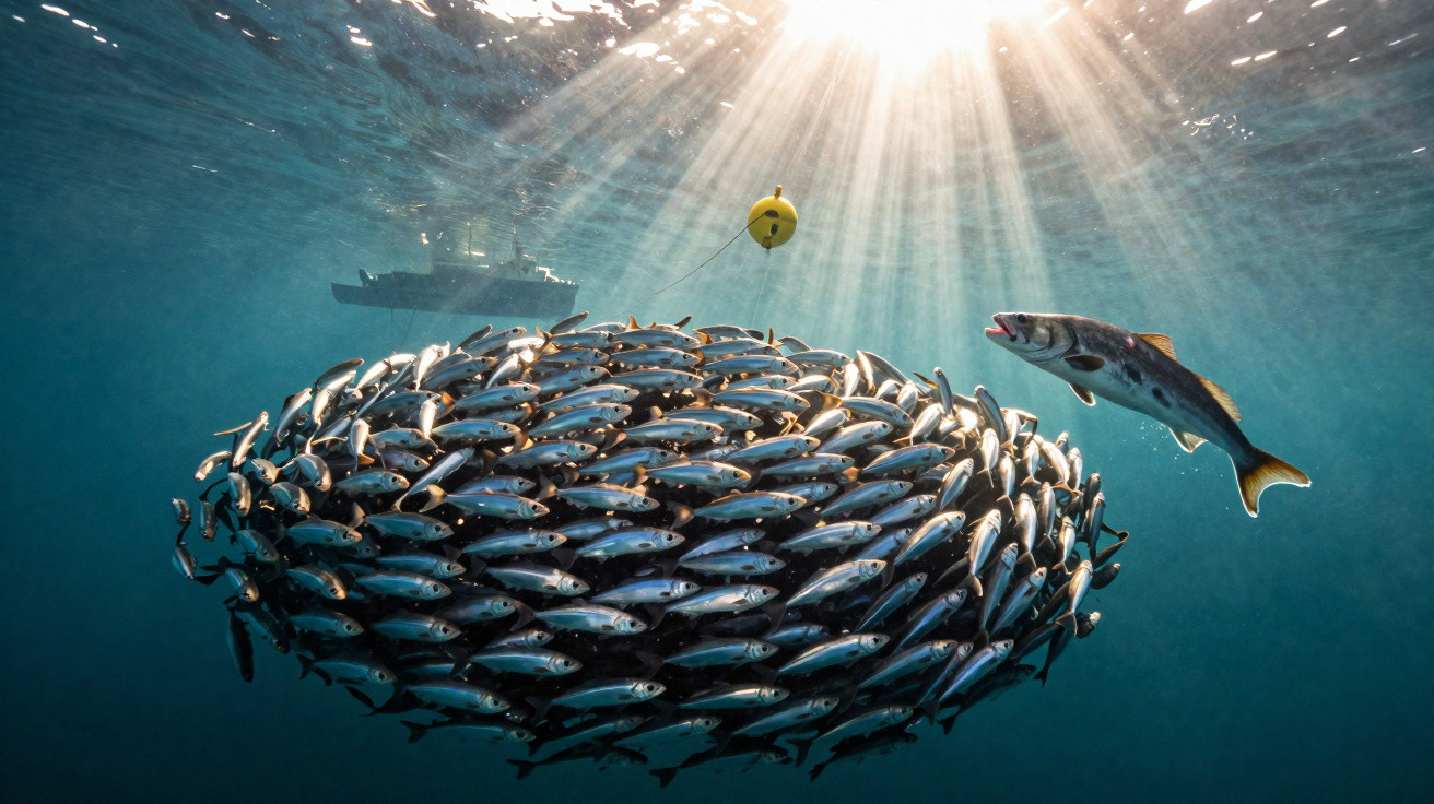 Cardume de peixes nadando junto com um peixe maior à sua frente, luz do sol filtrando a água do mar.