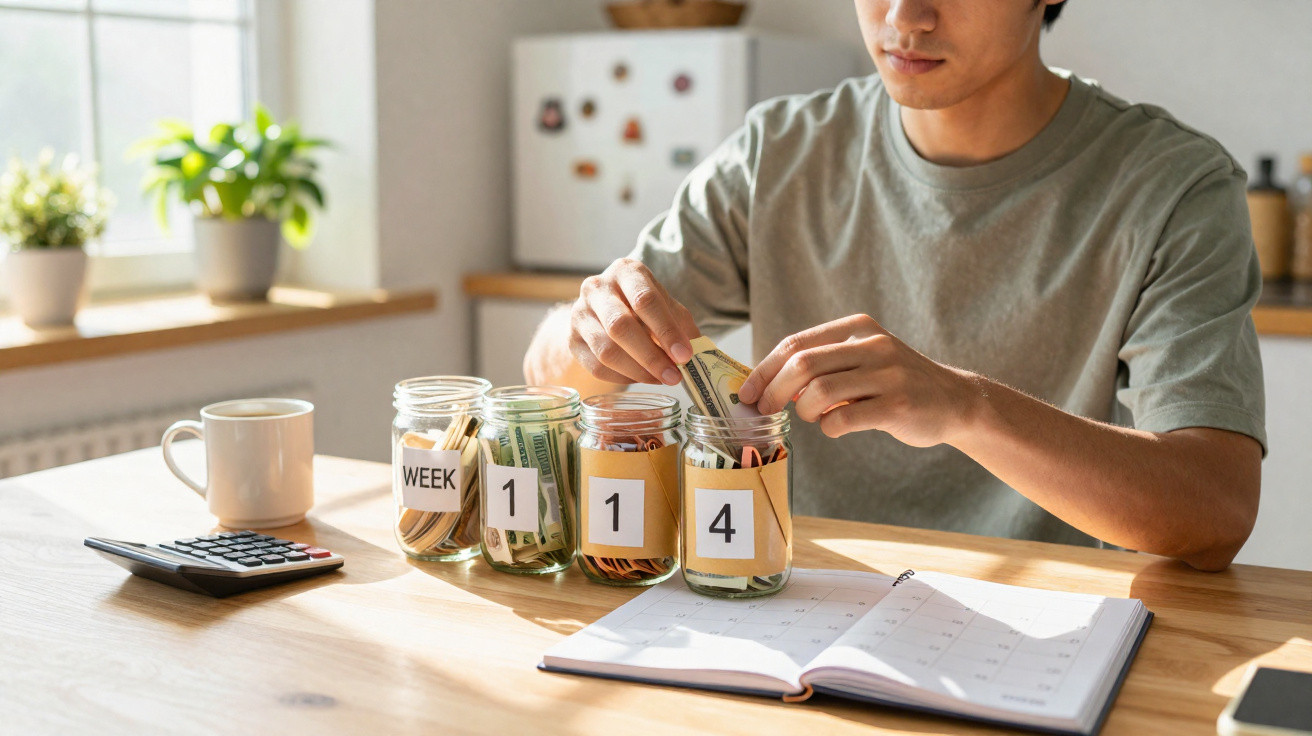 Homem a organizar dinheiro em frascos rotulados para planeamento financeiro semanal numa mesa com calendário e calculadora.