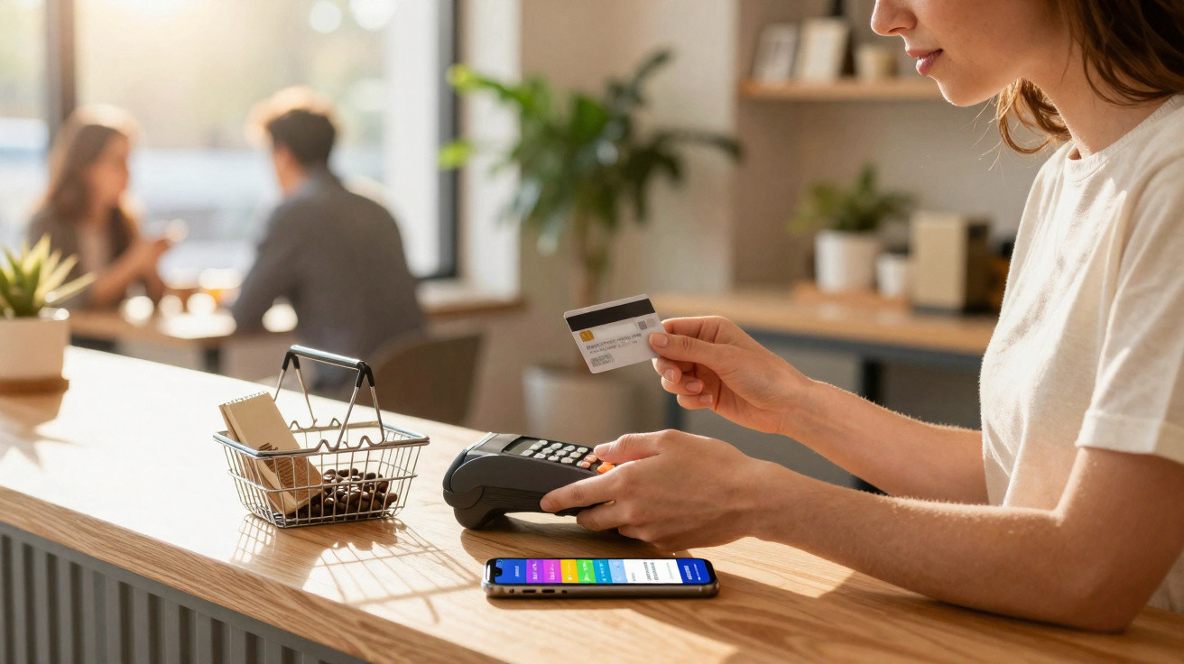 Mulher a pagar com cartão de crédito num terminal de pagamento junto a um balcão com telemóvel e cesto pequeno.