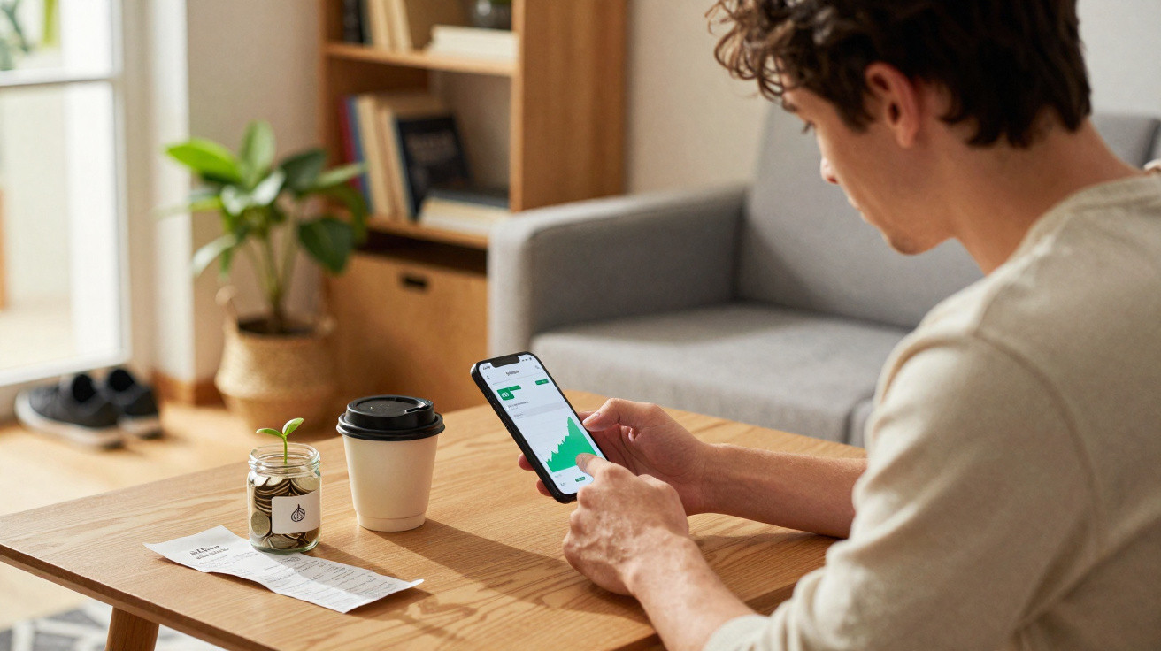 Homem sentado no sofá a consultar gráficos num smartphone numa sala com mesa de madeira e uma planta.