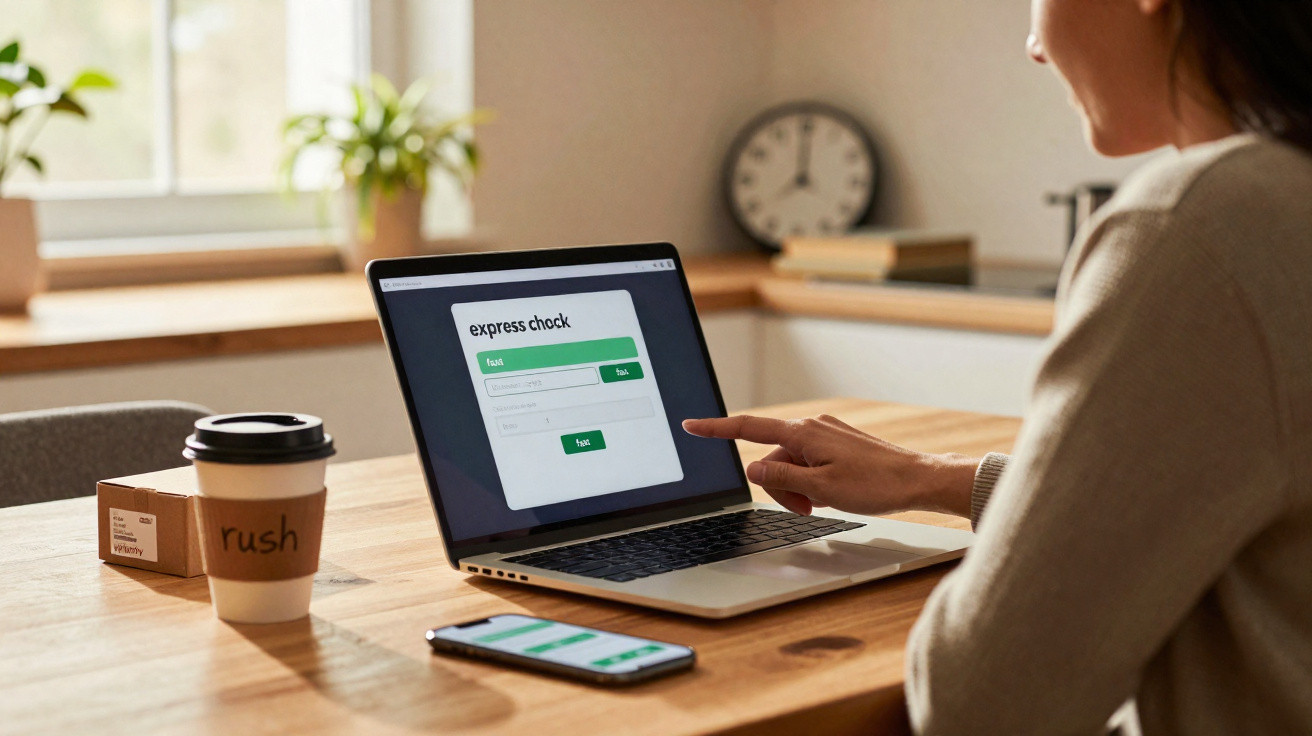 Pessoa a fazer check-in online num portátil, com telemóvel e café numa mesa de madeira.