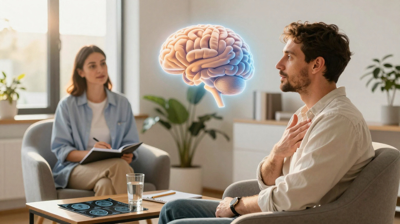 Homem em consulta psicológica com psicóloga, ilustração de cérebro flutuante entre ambos.