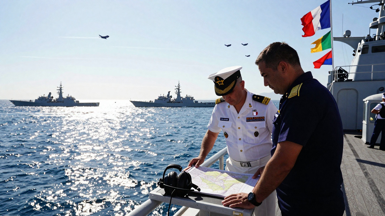 Dois militares navais a analisar um mapa num convés com navios e aviões sobre o mar ao fundo.