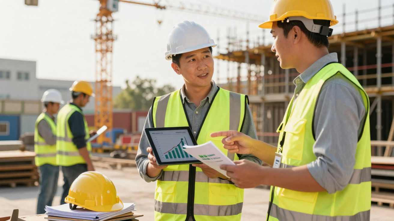 Dois trabalhadores de construção com capacetes e coletes discutem dados num tablet e documentos num canteiro de obras.