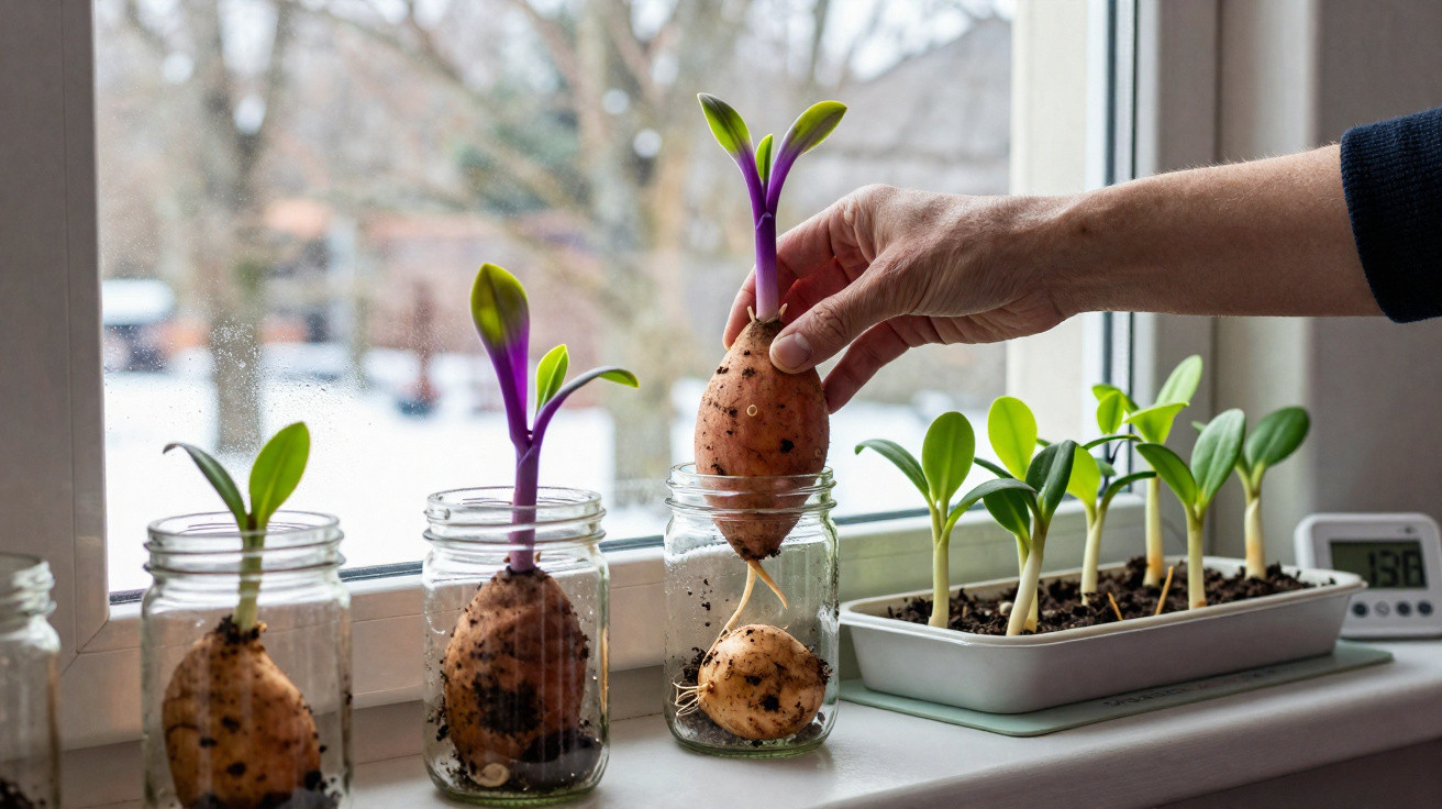 Mãos a transplantar batata-doce germinada de frasco para vaso com outras plantas numa janela iluminada.